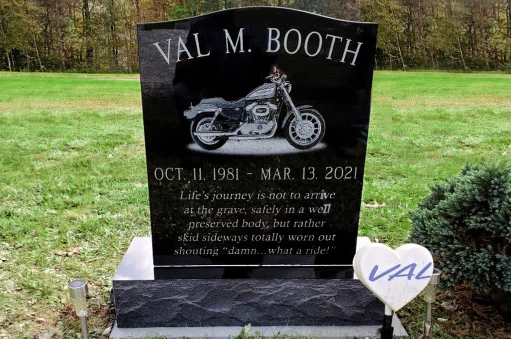 motorcycle black granite laser Clifford grave marker slant headstone grave stone cemetery marker St. Michael cemetery