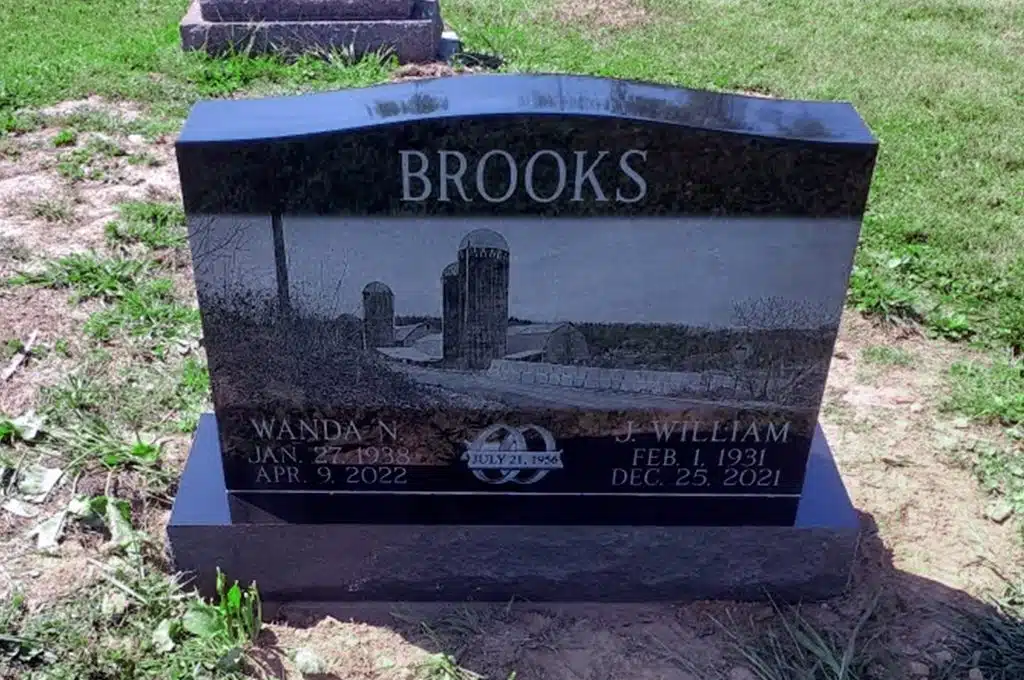 farm scene laser black granite Factoryville cemetery headstone Lenoxville granite memorial Dalton tombstone Denison