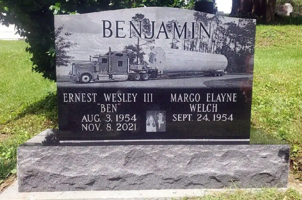 truck black granite laser Forest City grave marker headstone upright monument Shoemaker Cemetery St. Joseph