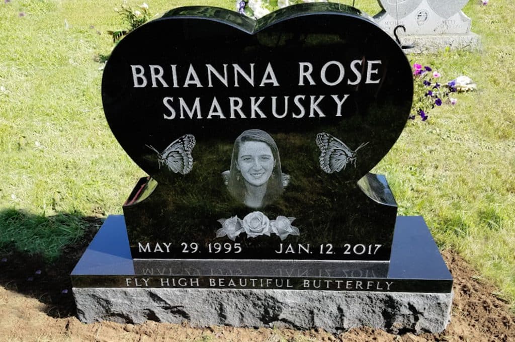 heart butterfly black granite laser Gibson marble headstone Kingsley etched monument death date headstone engraving