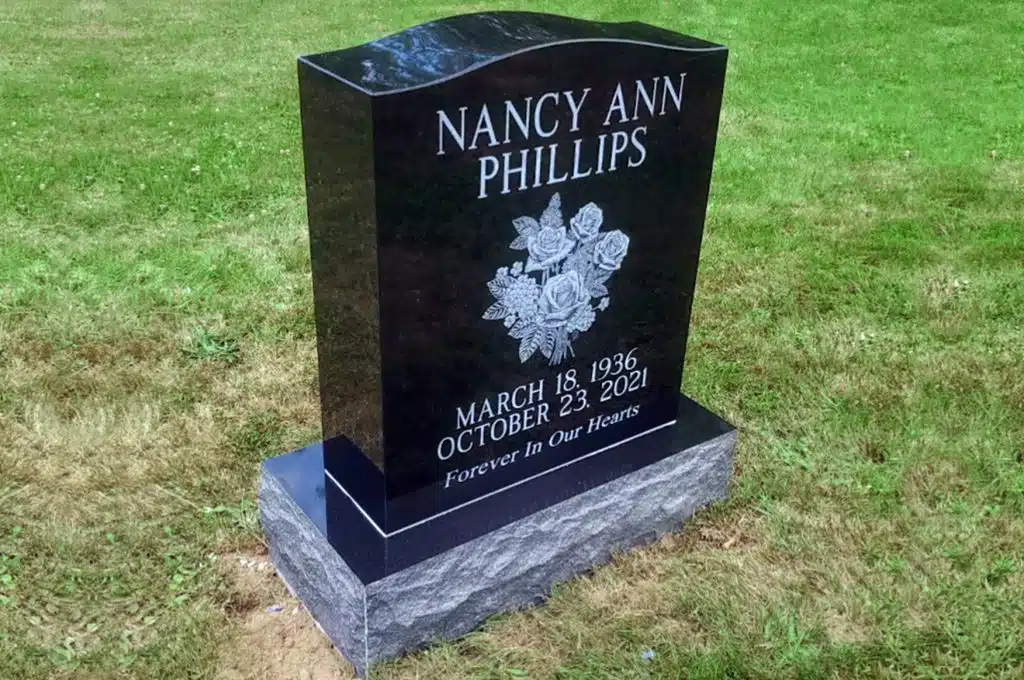 flowers black granite laser Hallstead monument Kingsley cemetery headstone granite memorial Dushore Headstone