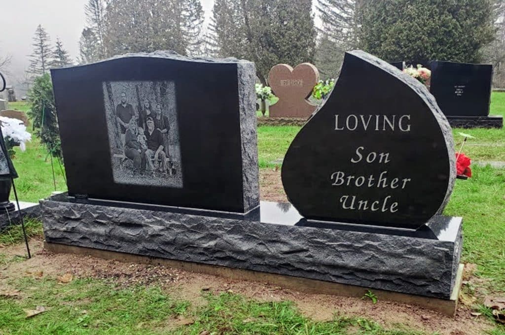 Upright Monument Double Monument Black Granite Teardrop Shape Headstone Laser picture tombstone Family picture monument Loving Son Brother Uncle Monument